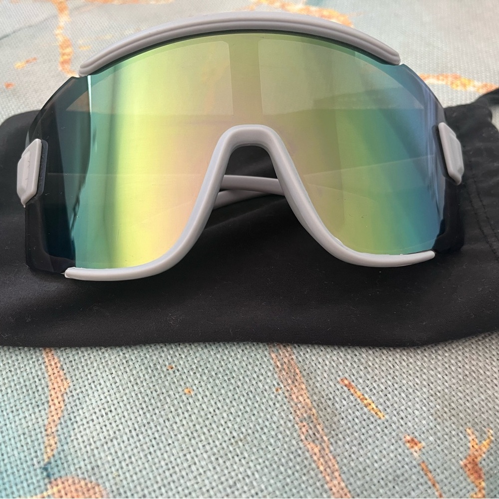 Sport Shield Sunglasses - White Frame with Green Mirrored Lens